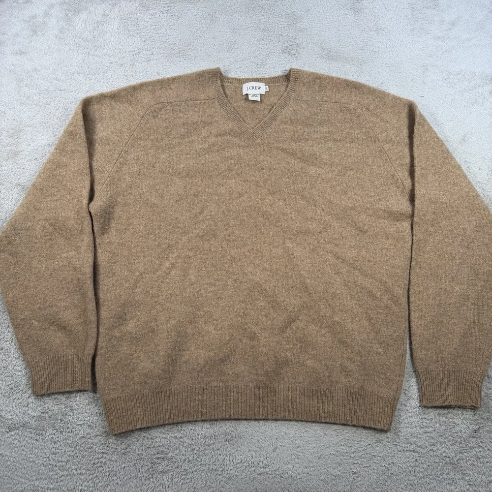 J Crew Sweater Mens 2XL Brown Tan 100% Lambswool V-Neck Pullover Soft - Picture 1 of 6
